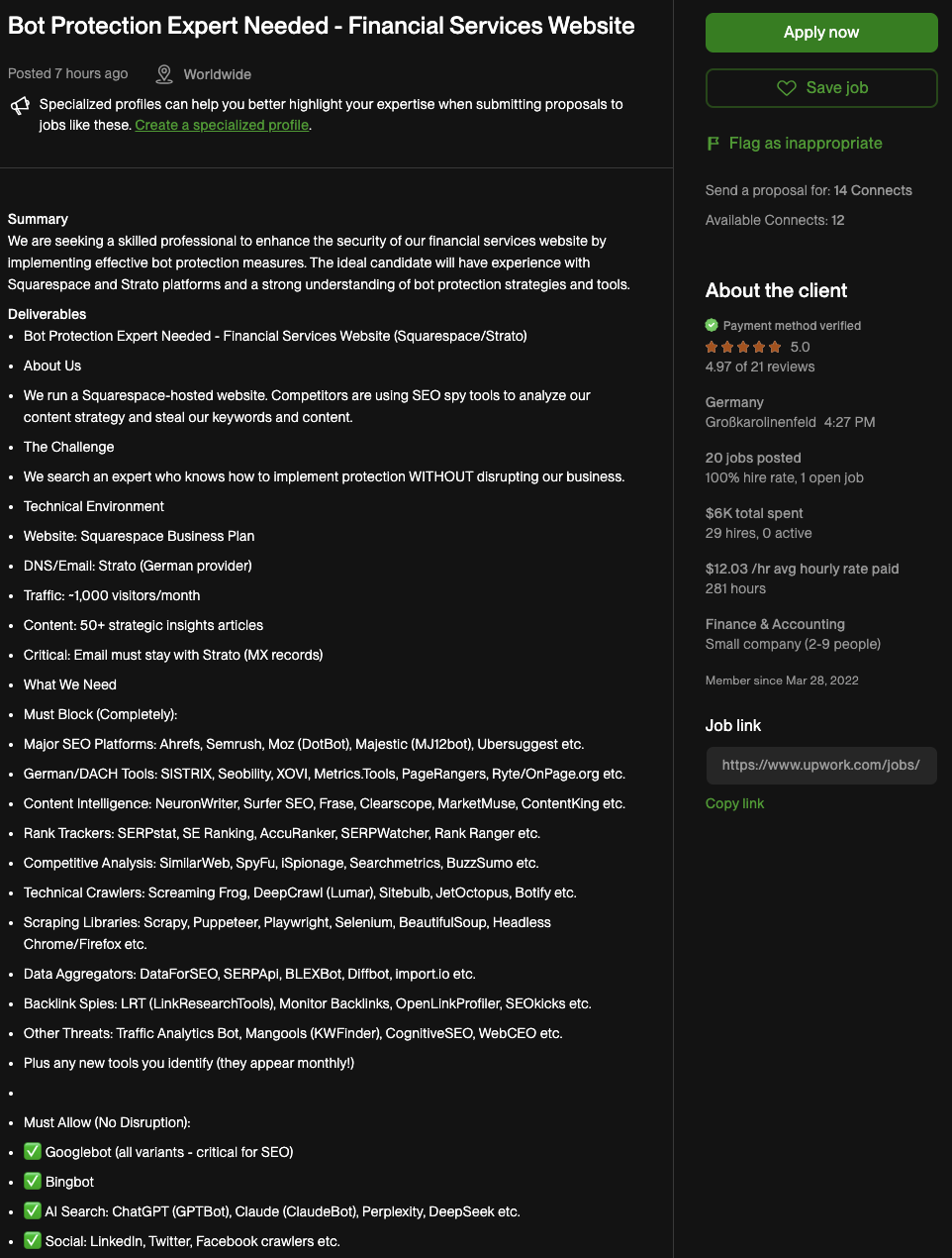 Screenshot of the nightmare Upwork job posting requesting bot-blocking expert for impossible requirements